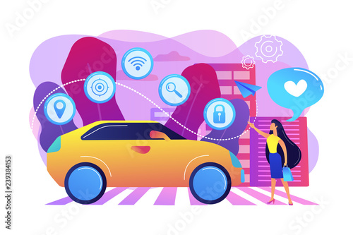 Businesswoman with heart likes using autonomos car with technology icons. Autonomous car, self-driving car, driverless robotic vehicle concept. Bright vibrant violet vector isolated illustration