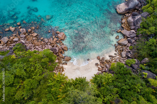 Aerial view of beautiful island at Seychelles in the Indian Ocean. Top view from drone