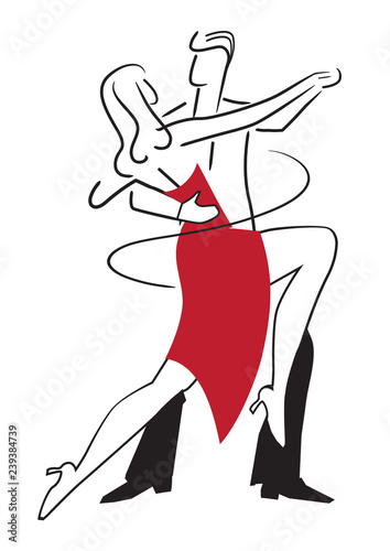 Ballroom dancers,couple. Stylized illustration of young couples dancing tango, foxtrot. Isolated on white background. Vector available. 