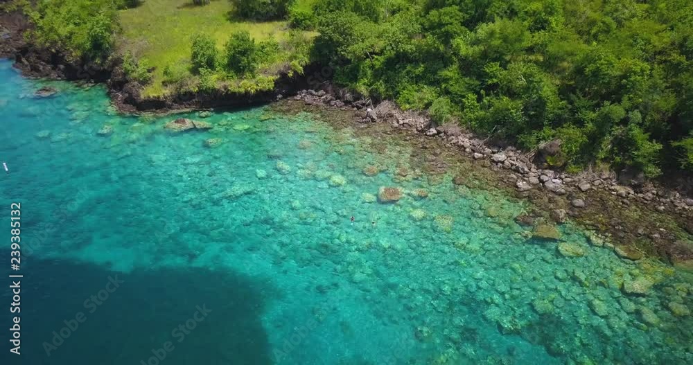 Aerial drone view of two snorkellers in the tropical waters of the Caribbean sea
