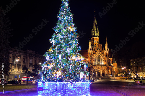Christmas decorations in front of the Holy Church Jozefa in Cracow, Poland photo