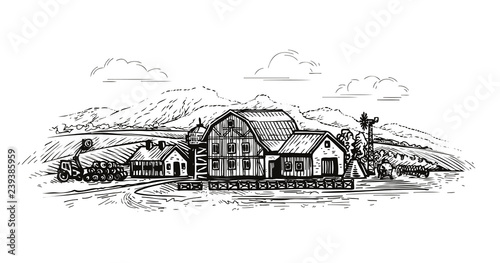 Farm landscape, village sketch. Agriculture, farming, drawn vintage vector illustration