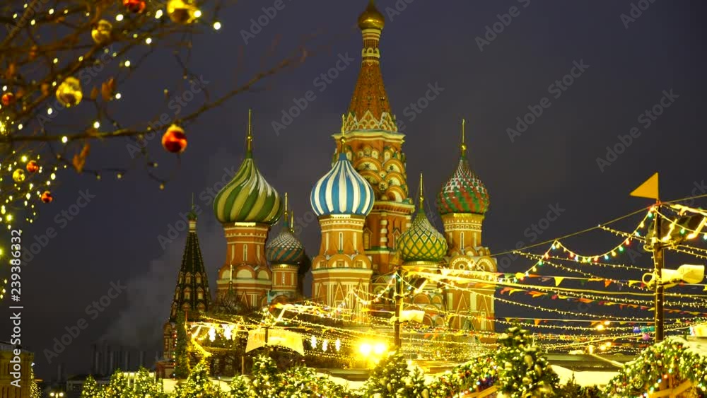 Red Square, Moscow, Russia - 15 December 2018. New year fair near the St Basil's Blessed Cathedral Red Square, Moscow, Russia - 15 December 2018. New year fair near the St Basil's Blessed Cathedral