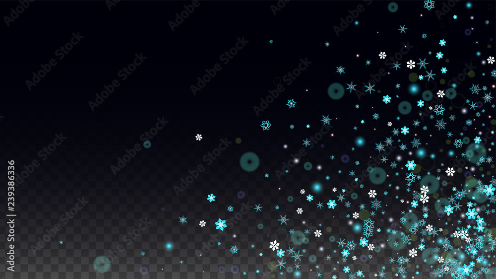 Christmas  Vector Background with Blue Falling Snowflakes Isolated on Transparent Background. Realistic Snow Sparkle Pattern. Snowfall Overlay Print. Winter Sky. Design for Party Invitation.