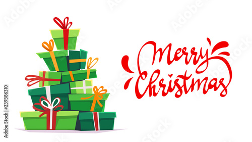 a lot many gifts stack triangle like Christmas tree form. green red white cartoon vector illustration of party invitation or print holliday greeting