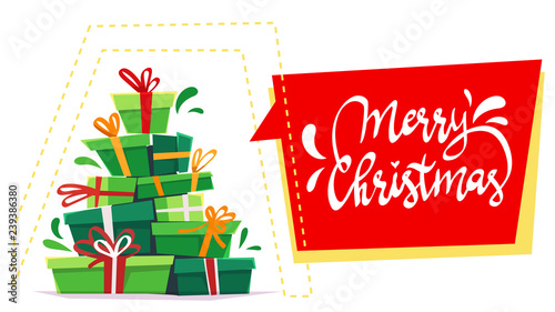 a lot many gifts stack triangle like Christmas tree form. green red white cartoon vector illustration of party invitation or print holliday greeting
