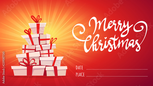 a lot many gifts stack triangle like Christmas tree form. green red white cartoon vector illustration of party invitation or print holliday greeting