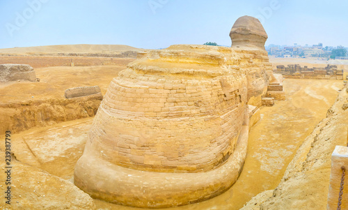 The limestone body of Sphinx in Giza, Egypt