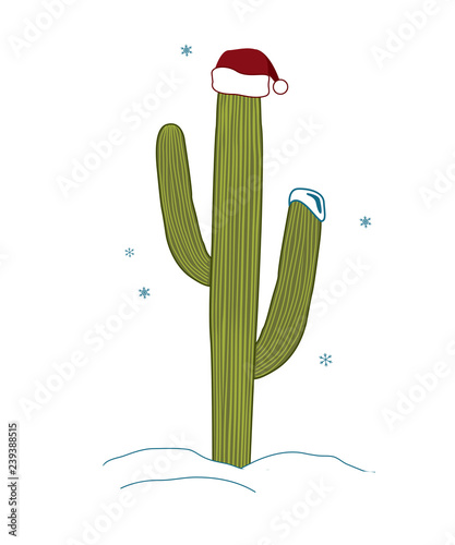 Saguaro Cactus wear santa hat for christmas. Christmas tree in tropical climate concept. Vector