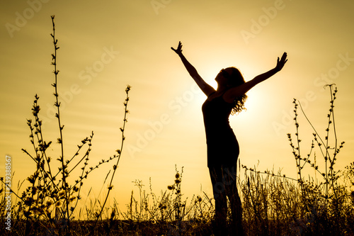 A beautiful Oriental girl stands with open arms against the background of a yellow sunset in a field among the plants. Horizontal orientation of the image © alexbard