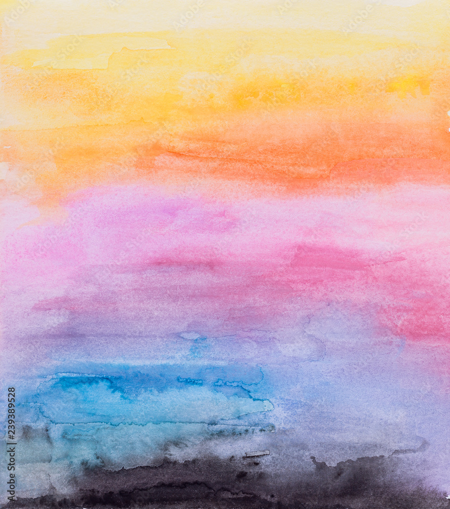 Abstract and colorful hand painted full frame watercolor background with watercolour stains and paper texture.