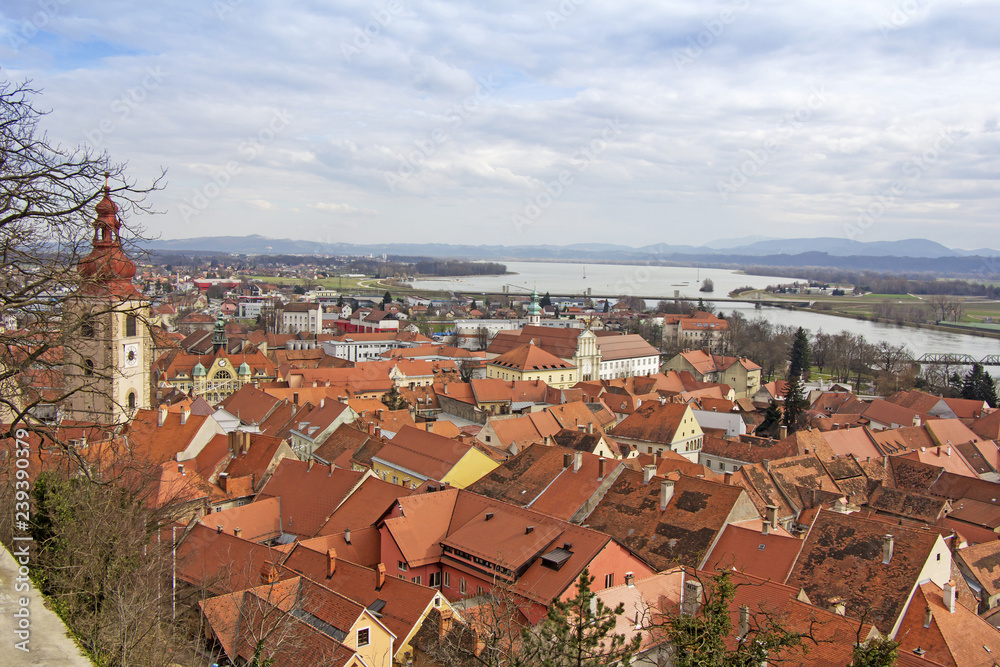A view of the center of Ptuj city, church and old  town of Ptuj, Slovenia
