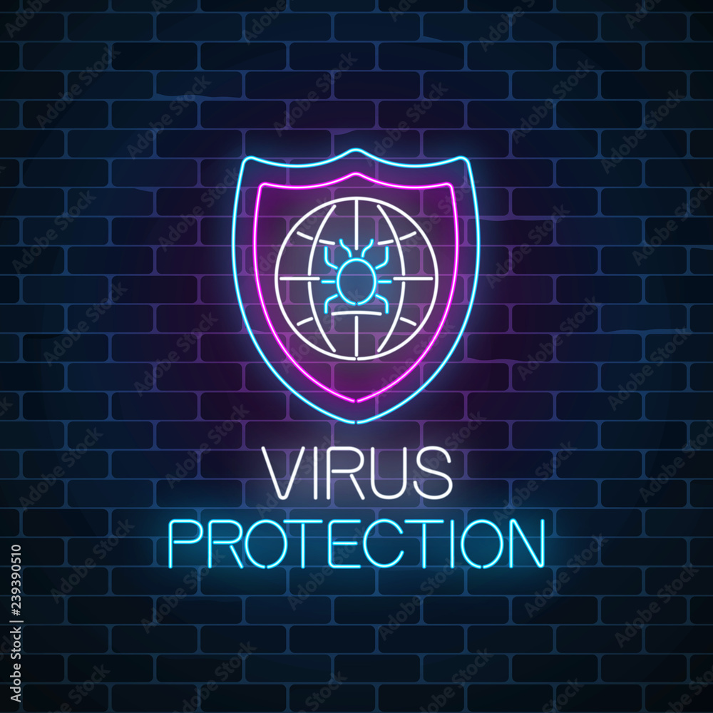 Virus protection glowing neon sign. Internet cyber security symbol with shield, globe and hacker bug. Virus protection glowing neon sign. Internet cyber security symbol with shield, globe and hacker bug.
