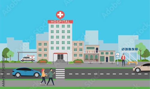Fototapeta Naklejka Na Ścianę i Meble -  Medical concept with hospital building and doctor in flat style. Panoramic background with hospital building, doctors, nurses, disabled man in wheelchair and ambulance car in flat style. - Vector