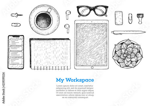 Office desk table top view sketch. Workspace with smartphone, tablet, notebook, plant, pencil, pen, glasses, coffee cup. Hand drawn vector illustration. Business concept.