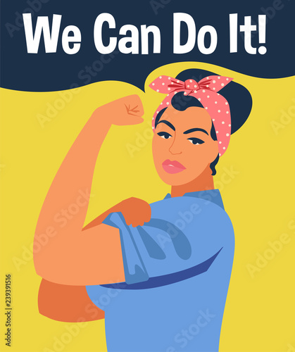 We Can Do It. Iconic womans fist symbol of female power and industry. Feminism concept girl showing fist symbol of female power and woman rights