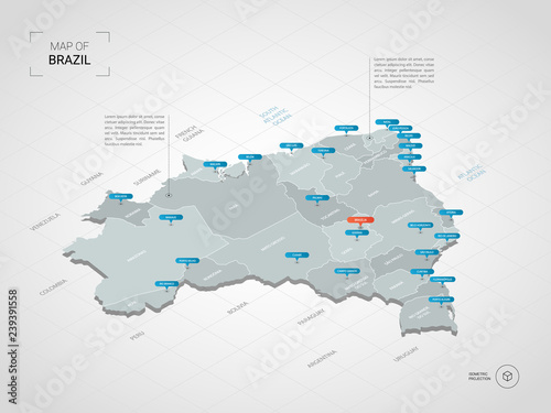 Isometric 3D Brazil map. Stylized vector map illustration with cities, borders, capital, administrative divisions and pointer marks; gradient background with grid. 