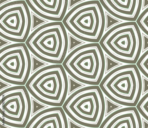Seamless hexagonal pattern from geometrical abstract ornaments on a dark olive background. Vector illustration can be used for textiles, wallpaper and wrapping paper
