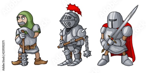 Cartoon colored three medieval knights prepering for Knight Tournament