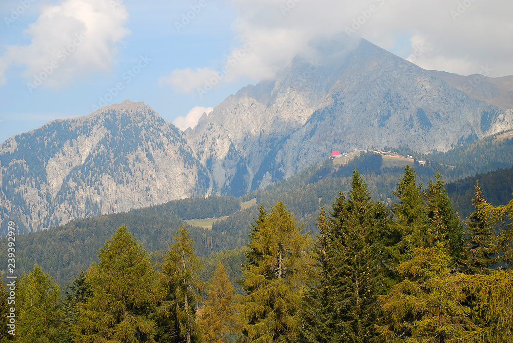 Panorama view on valleys and mountains (Sarntal Alps) in the italian alps (Meran, South Tyrol, Italy)