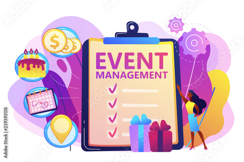Manager with checklist creating event plan and development. Event management and planning service, how to plan an event, planning software concept. Bright vibrant violet vector isolated illustration