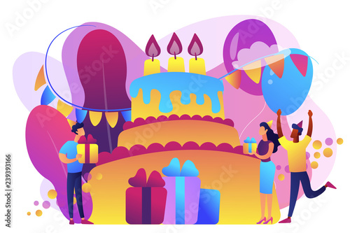 Happy people with gifts celebrating birthday at huge cake. Birthday party supplies, birthday party Invitations, birthday planning concept. Bright vibrant violet vector isolated illustration