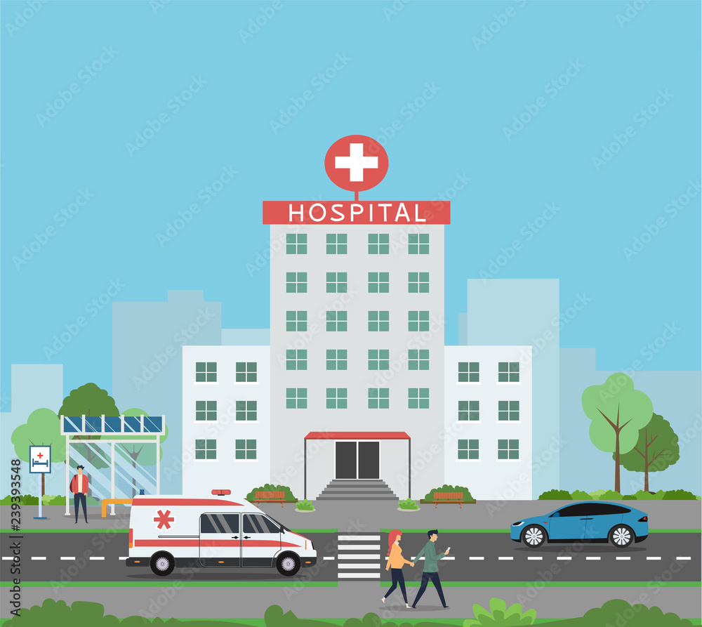 Medical concept with hospital building and doctor in flat style. Panoramic background with hospital building, doctors, nurses, disabled man in wheelchair and ambulance car in flat style. - Vector