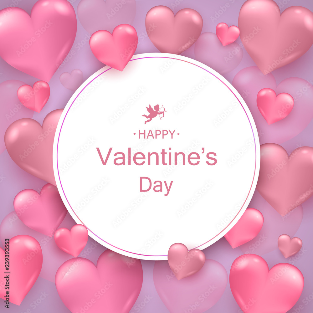 Pink Valentine's Day background, 3d hearts on bright backdrop. Vector illustration. Cute love banner or greeting card