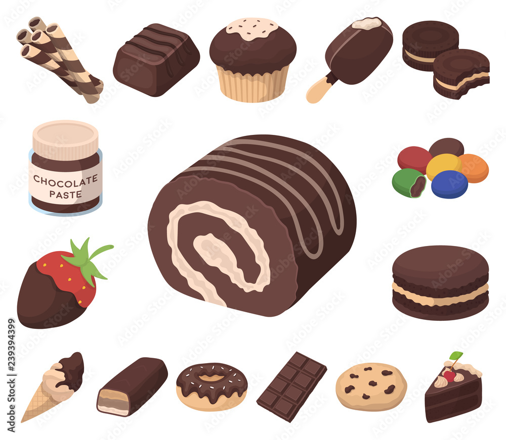 Chocolate Dessert cartoon icons in set collection for design. Chocolate and Sweets vector symbol stock web illustration. Chocolate Dessert cartoon icons in set collection for design. Chocolate and Sweets vector symbol stock web illustration.
