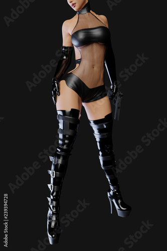 Sexy female assassin in glossy latex fishnet dress and panties and high heels