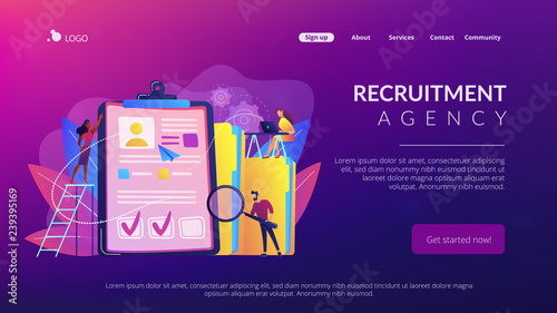 Recruiters and managers searching for candidate in huge CV for position. Recruitment agency, human resources service, recruitment network concept. Website vibrant violet landing web page template.