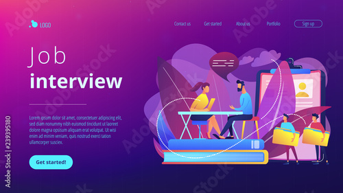 HR specialist having an interview with job applicant and candiadates waiting. Job interview, employment process, choosing a candidate concept. Website vibrant violet landing web page template.