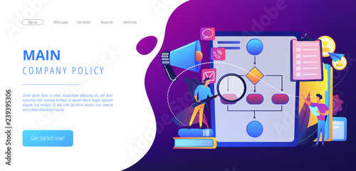 Businessmen with magnifier looking at business process flow chart. Business rules and regulation, main company policy, IT business analysis concept. Website vibrant violet landing web page template.