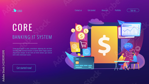 Tablet, bank card and manager using banking software for transactions. Core banking IT system, banking software, IT service concept. Website vibrant violet landing web page template.