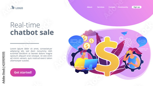 Customer has conversation on smartphone with assistant in real-time. Conversational sales, conversational marketing, real-time chatbot sale concept. Website vibrant violet landing web page template.