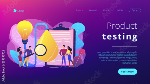Consumers with magnifier testing new product properties. Product testing, customer needs identification, market research studies concept. Website vibrant violet landing web page template.