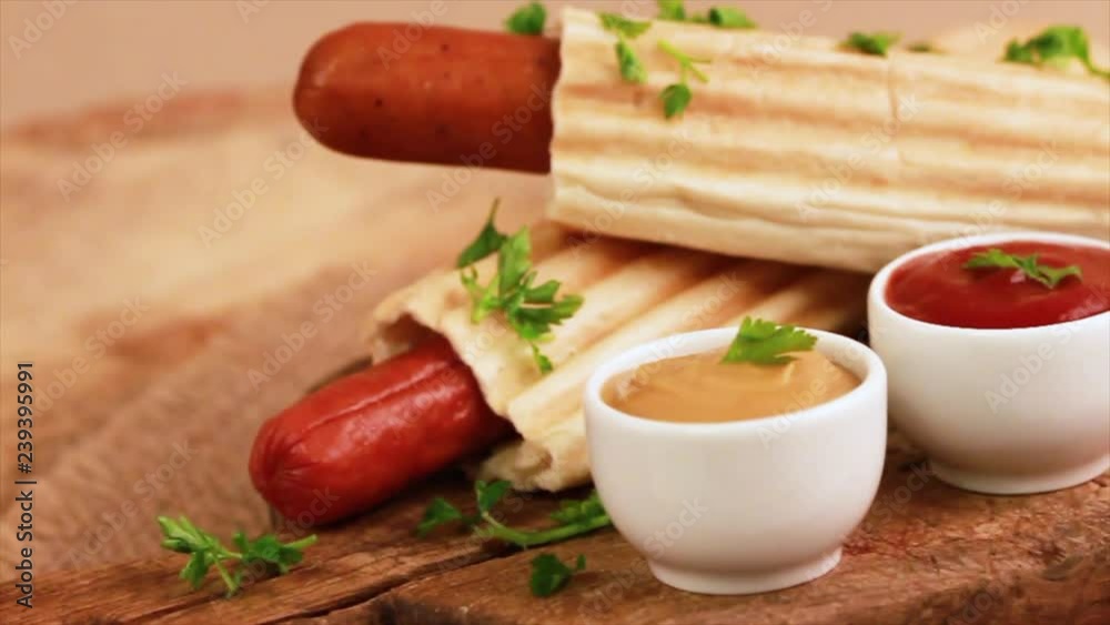 Two tasty grilled french hot dog with mustard and ketchup on vintage cutting board. Wooden background. Horizontal view Two tasty grilled french hot dog with mustard and ketchup on vintage cutting board. Wooden background. Horizontal view