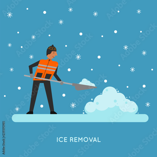 Cartoon man removing snow with a shovel.