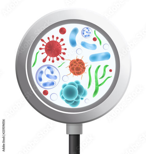Vector illustration of bacteria and microorganism in a circle. Viruses and bacterias under the rejuvenating glass,magnifier, cartoon medicine concept.