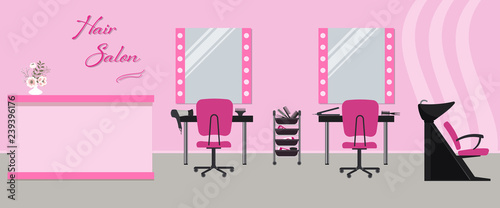 Hair salon interior in a pink color. Beauty salon. There are tables, chairs, a bath for washing the hair, mirrors, hair dryer in the image. There is also text "Hair Salon" on the wall. Vector