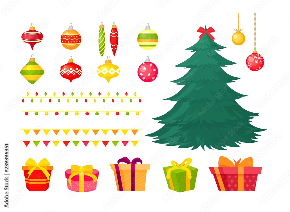 Vector illustration of Christmas tree with different decorations ...