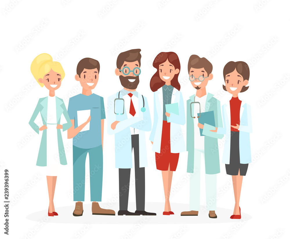 Vector illustration of doctors team. Hospital medical staff team of man and woman doctors nurses surgeon, happy and cute doctors isolated on white background in flat cartoon style.
