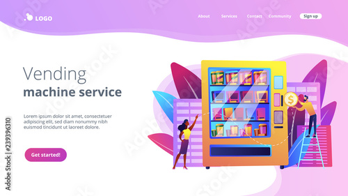 Consumer inserts dollar coin into vending machine and buys snacks and drink. Vending machine service, vending business, self-service machine concept. Website vibrant violet landing web page template.