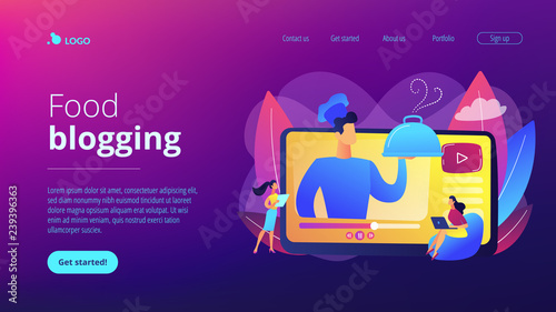 Professional chef holding dish on video and users watching food blog with recipes. Food blogging, food hunter review, foodie blog concept. Website vibrant violet landing web page template.