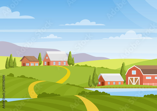 Vector illustration of beautiful countryside landscape with fields, dawn, green hills, farm, houses, trees, bright color blue sky, background in flat cartoon style.