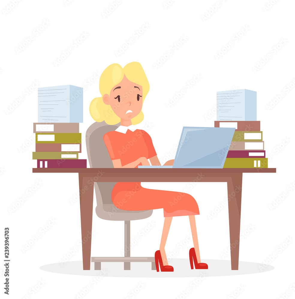 Vector illustration of working business woman at the desk with laptop and lot of papers. Woman in office in stress. Manager tired and working on computer, stressed girl in cartoon flat style. Vector illustration of working business woman at the desk with laptop and lot of papers. Woman in office in stress. Manager tired and working on computer, stressed girl in cartoon flat style.