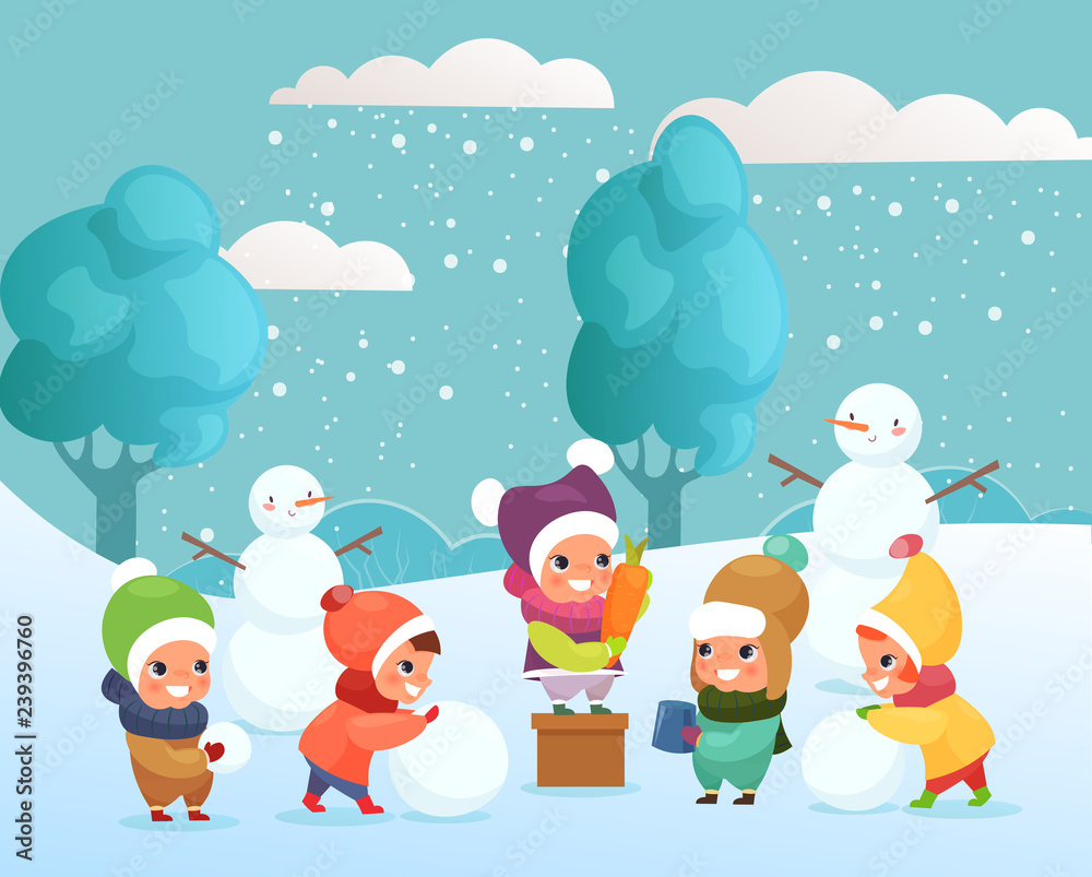 Vector illustration of happy funny and cute kids playing with snow, making snowman outside. children playing, winter holidays concept in flat cartoon style.