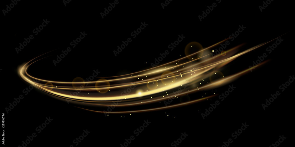 Vector illustration of golden dynamick lights linze effect isolated on black color background. Abstract background for science, futuristic, energy technology concept. Digital image lines with light - obrazy, fototapety, plakaty 