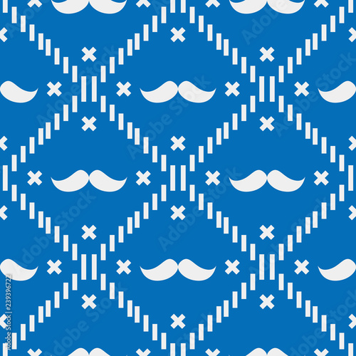 American Hipster Mustache Tartan Plaid and Argyle Vector Patterns in Patriotic Blue, White and Blue. 4th of July or Father s Day Backgrounds. Barbershop Style. Pattern Tile Swatches Included.