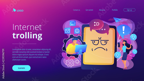 Internet troll quarreling and upsetting user online and tablet with troll face. Internet trolling, digital harassment, internet behaviour concept. Website vibrant violet landing web page template.